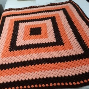 Blanket Handmade Crocheted Multicolor in orange Brown Pink Square 53"×53"